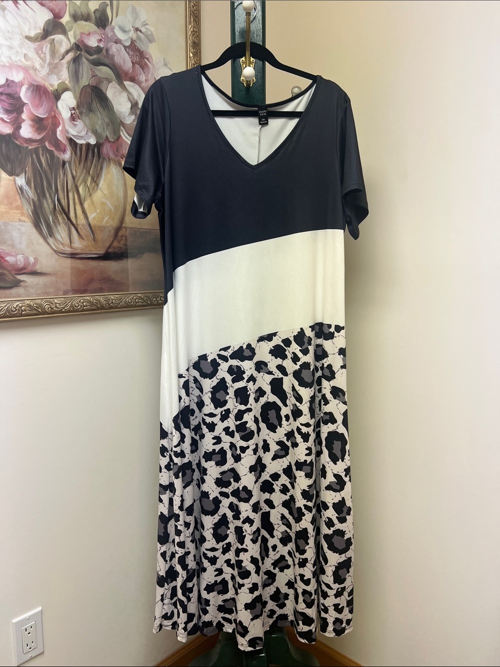 Black and White Colorblock Maxi Dress with Animal Print Skirt